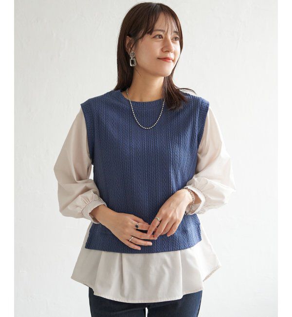 ikka「ケーブル柄レイヤードプルオーバー」|その他|ブルー