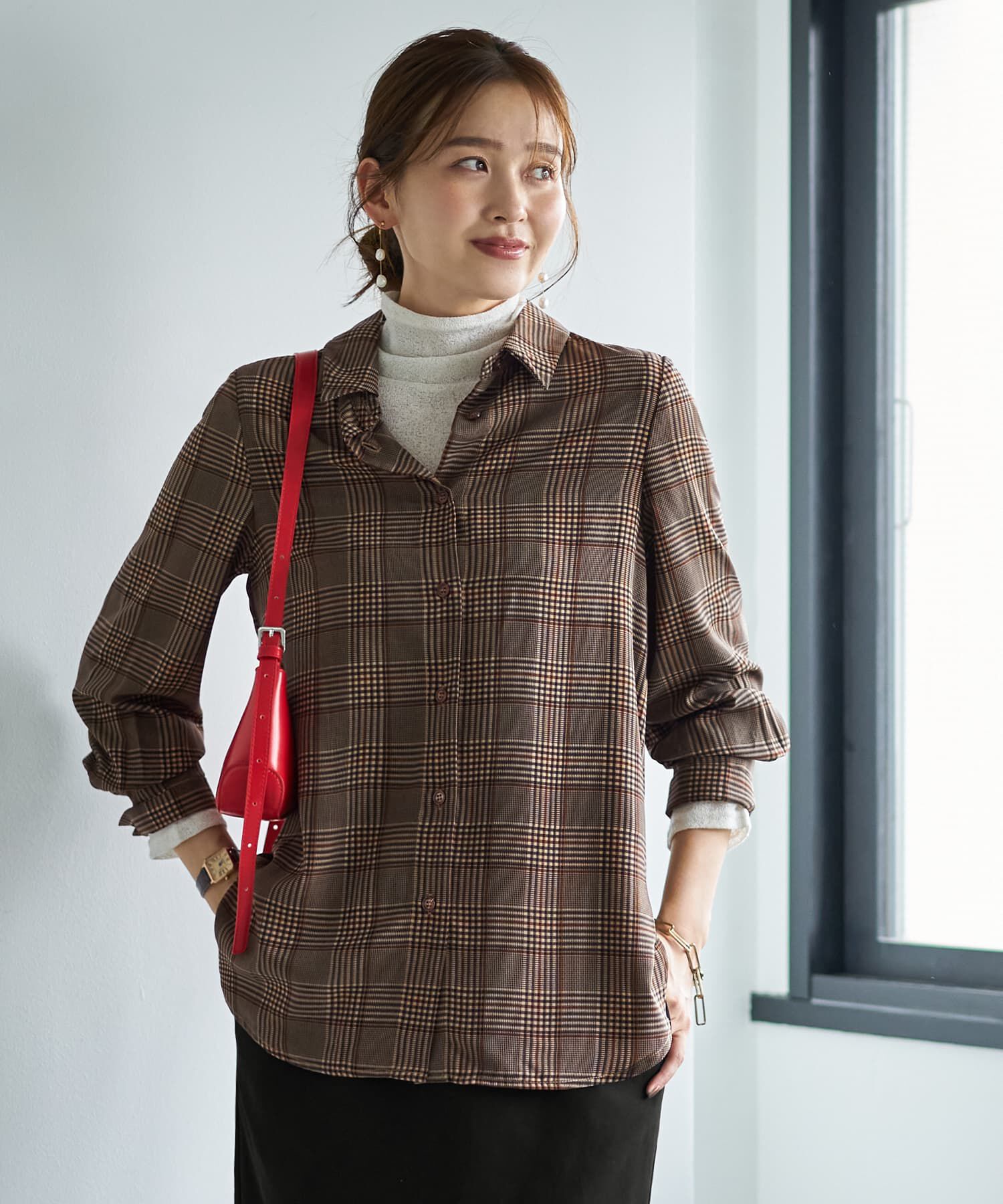 STYLE DELI「【LUXE】マットサテンチェック柄シャツ」|シャツ・ブラウス|ブラウンミックス
