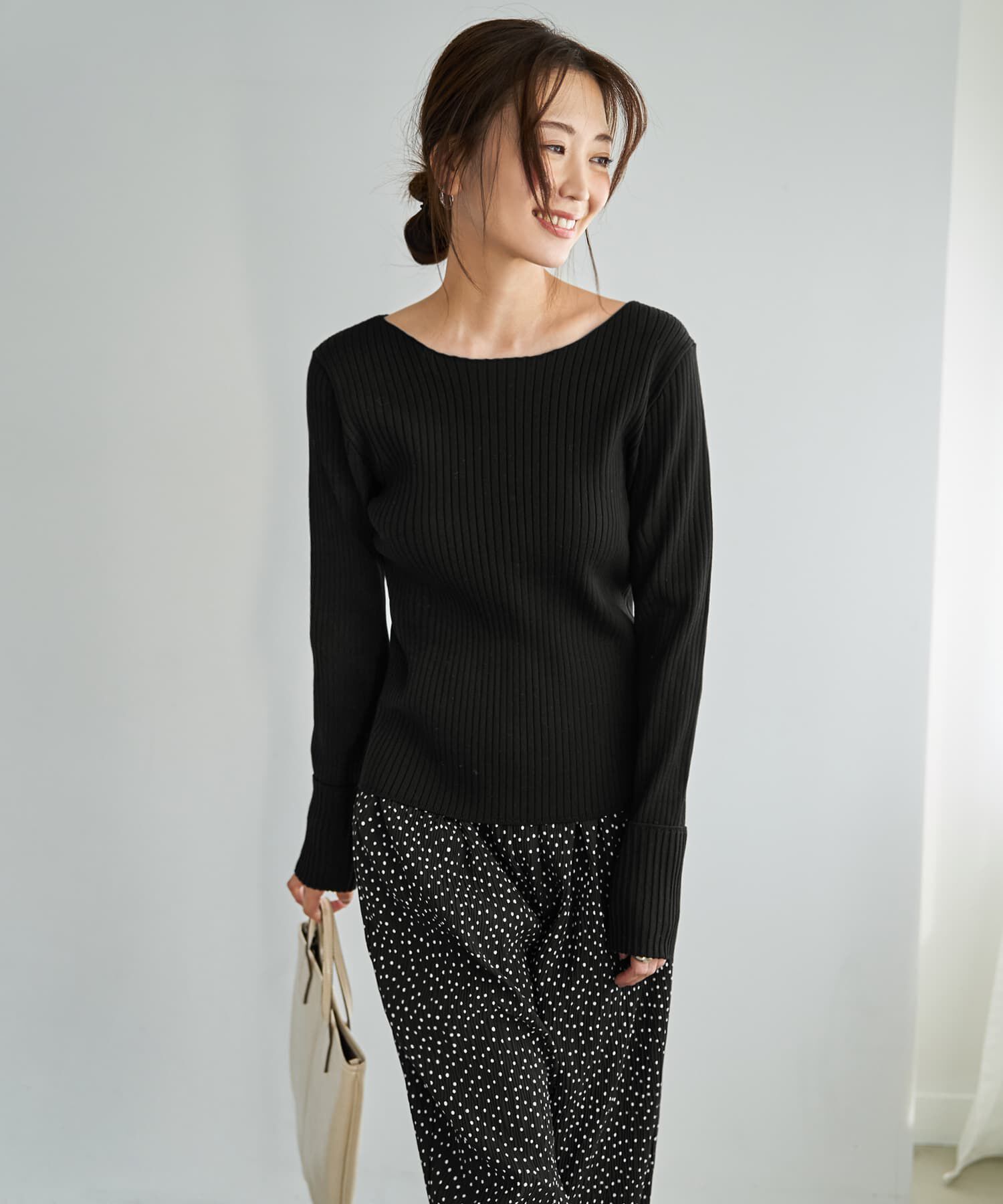 STYLE DELI「袖口折り返しボートネックリブトップス」|ニット・セーター|ブラック