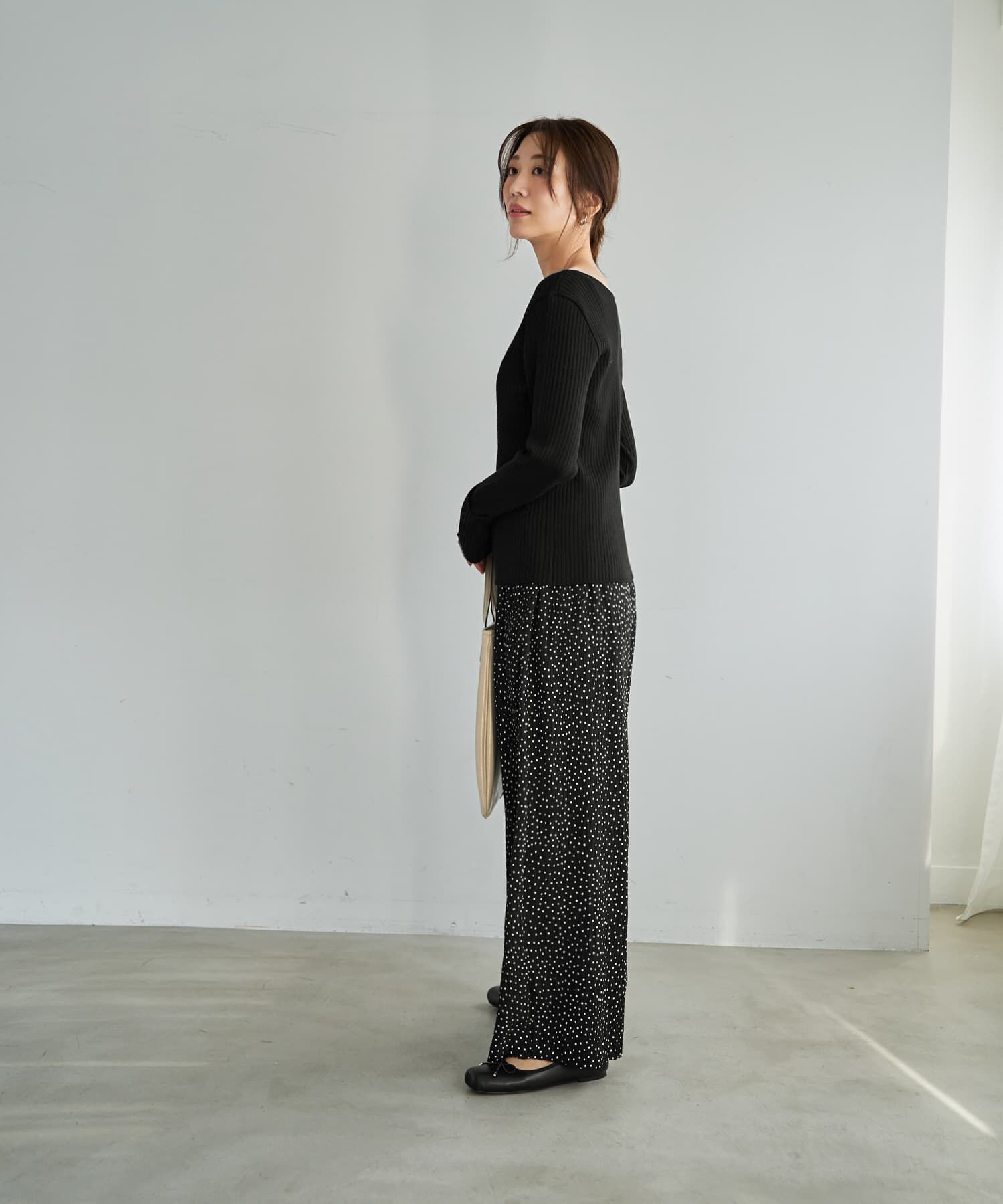 STYLE DELI「袖口折り返しボートネックリブトップス」|ニット・セーター|