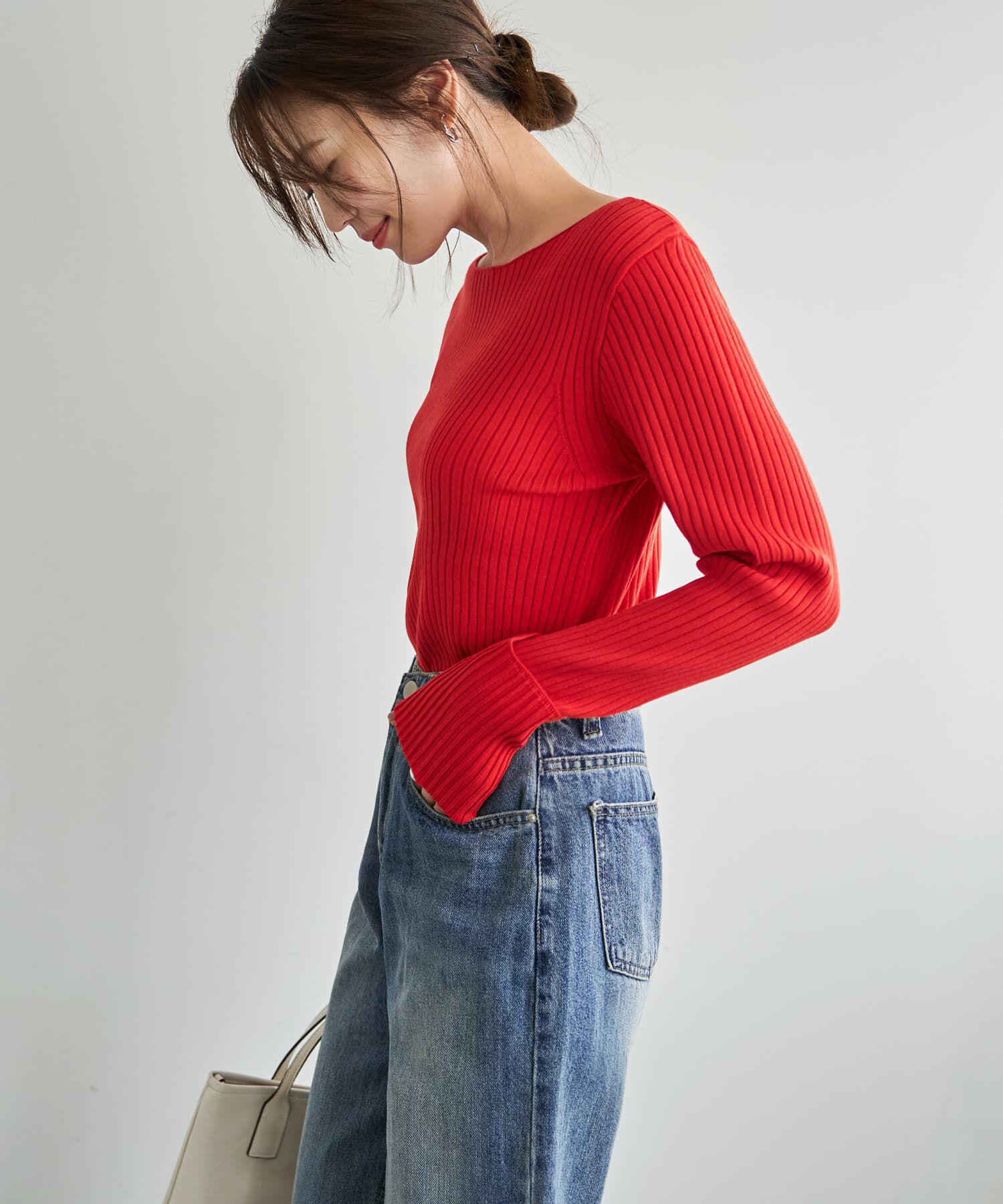 STYLE DELI「袖口折り返しボートネックリブトップス」|ニット・セーター|