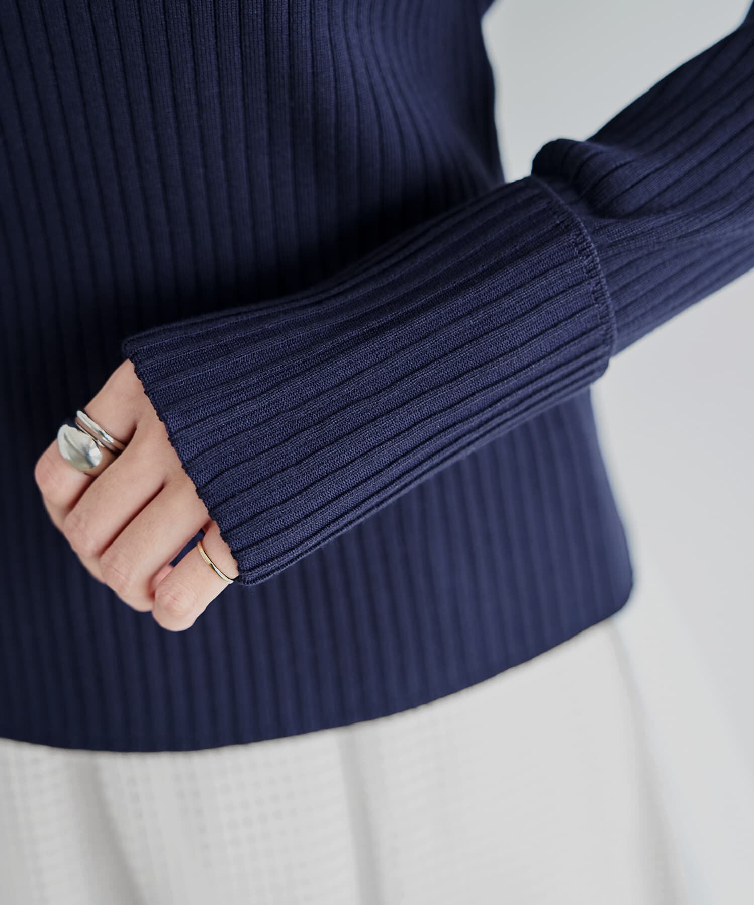 STYLE DELI「袖口折り返しボートネックリブトップス」|ニット・セーター|