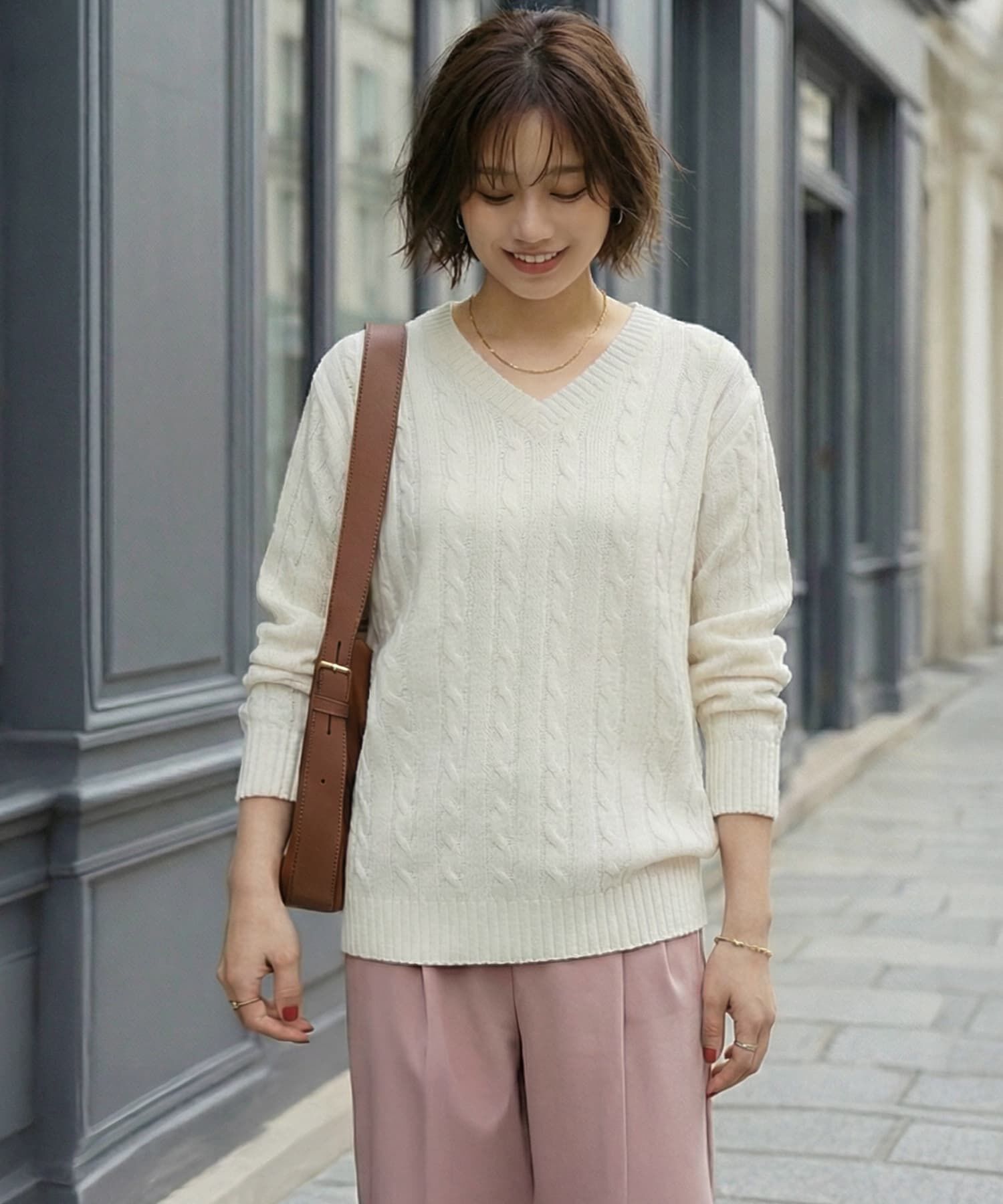 STYLE DELI「ストレートケーブルVネックニットトップス」|ニット・セーター|アイボリー