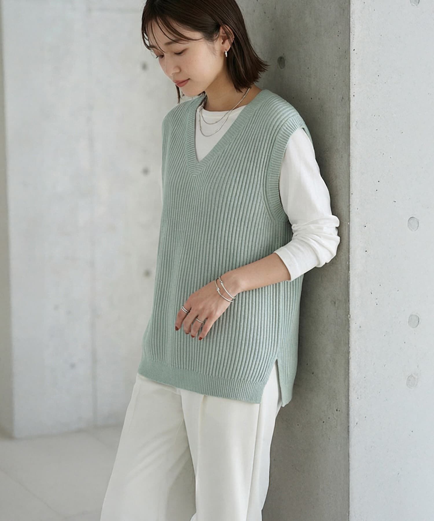 STYLE DELI「ストライプ編みVネックベスト」|ベスト・ジレ|ミント