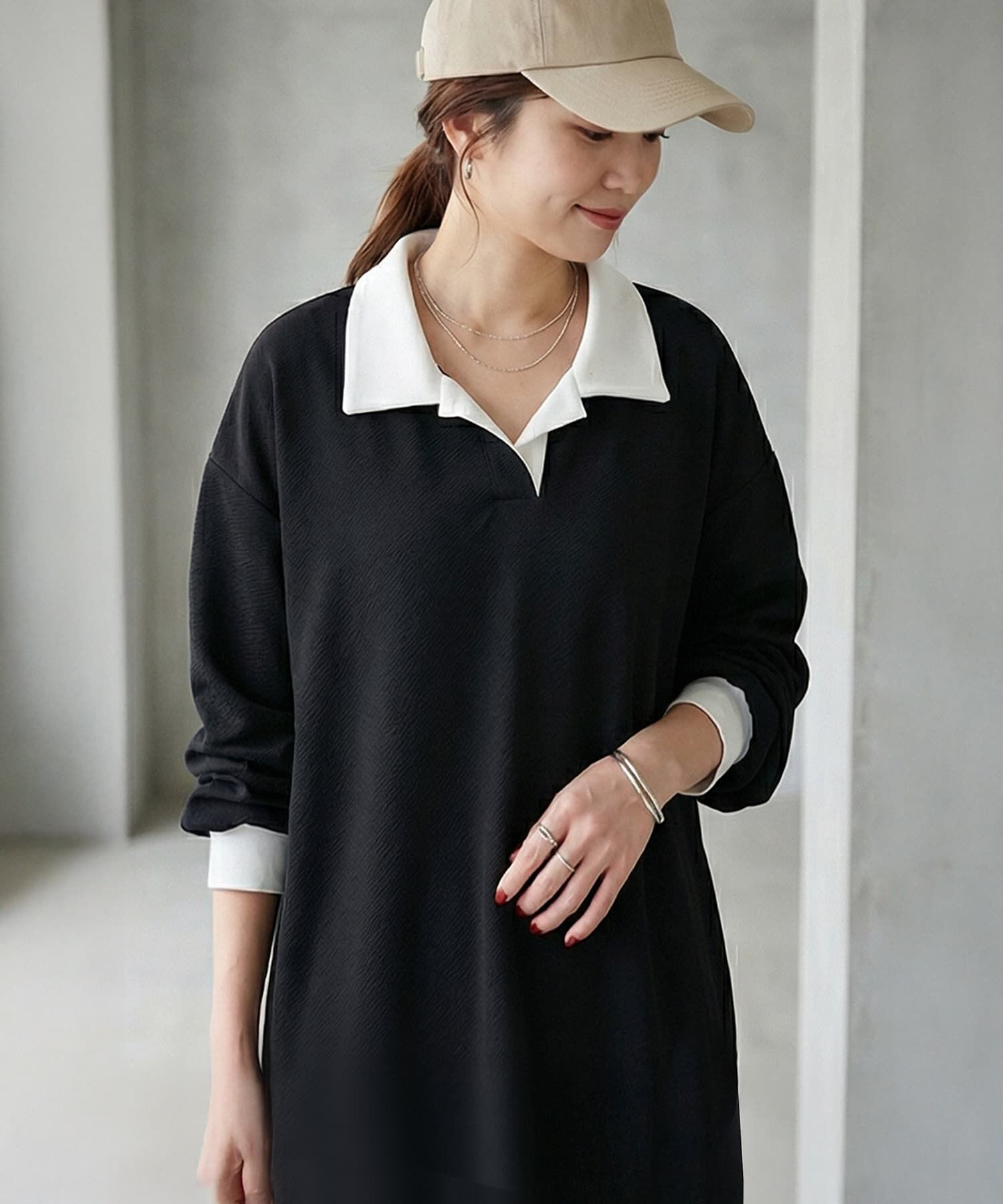 STYLE DELI「襟付きシボ入りカットソーワンピース」|ワンピース|