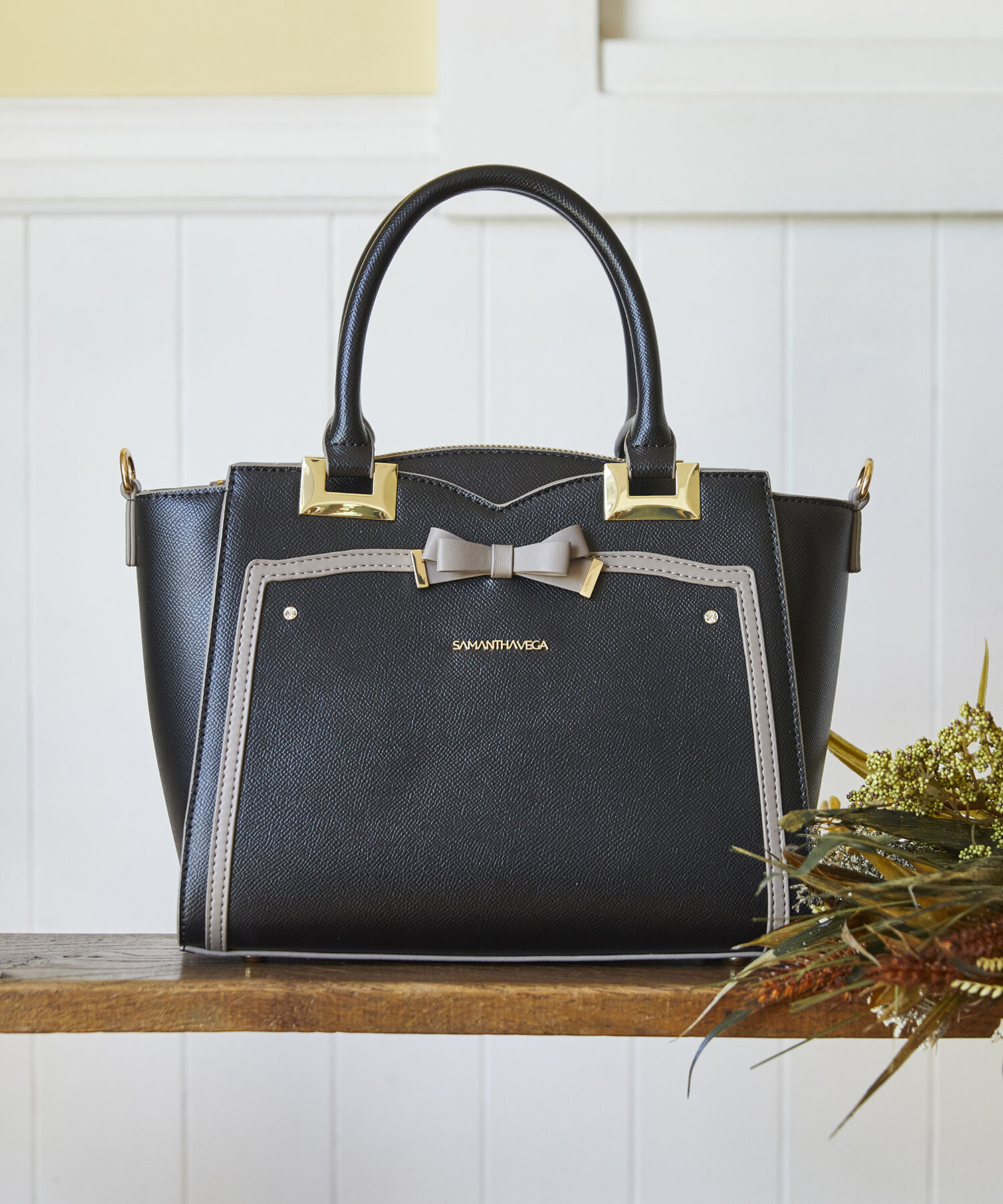 Samantha Vega「ソリッドリボントートバッグ」|ハンドバッグ|ブラック