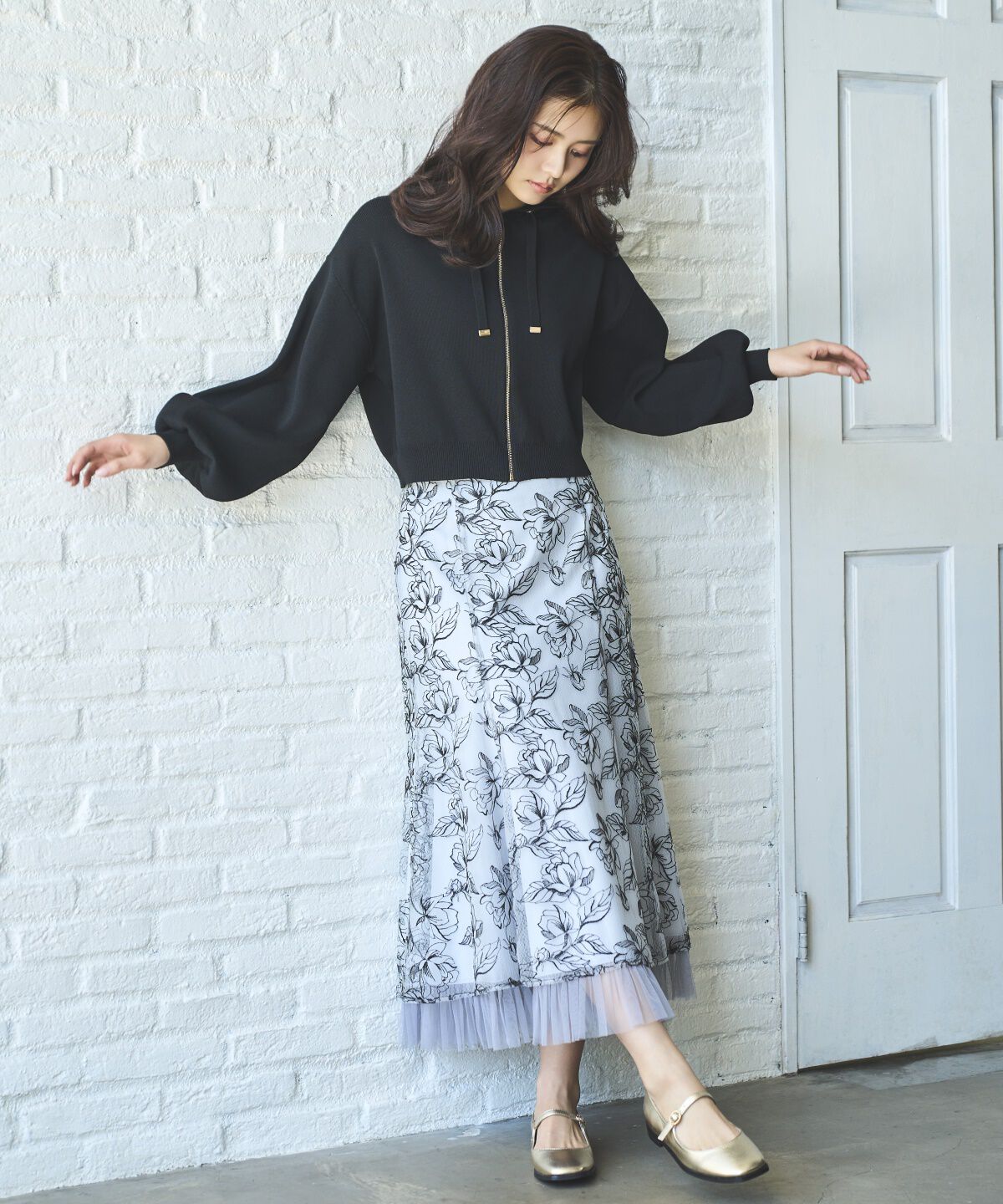 アンドクチュール「チュールヘムフローラルスカート」|フレア|