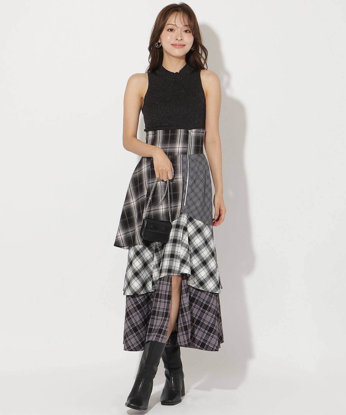 アンドクチュール「パッチワークティアードスカート」|フレア|黒系チェック