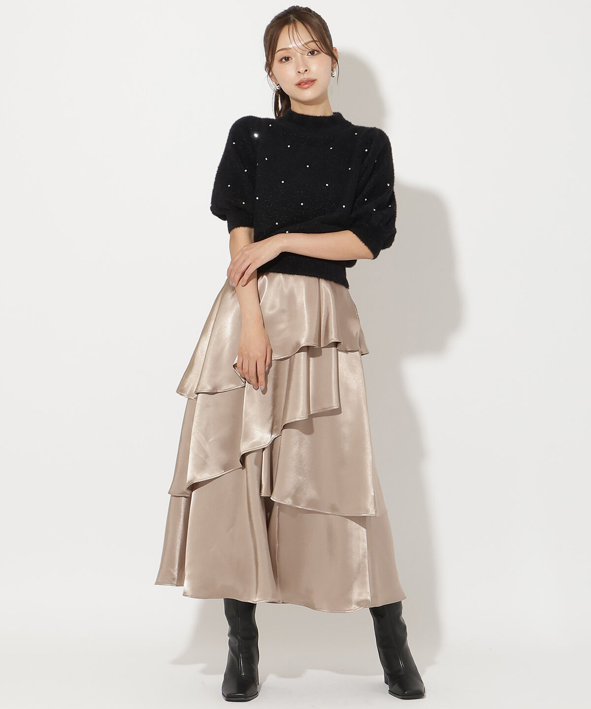 アンドクチュール「サテンアシメフリルティアードスカート」|フレア|