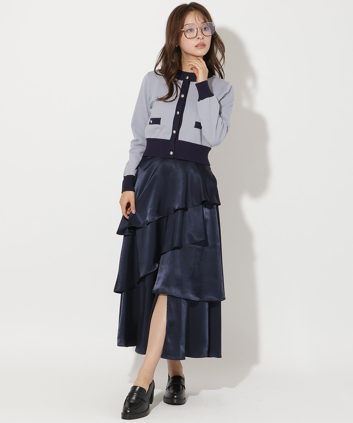 アンドクチュール「サテンアシメフリルティアードスカート」|フレア|