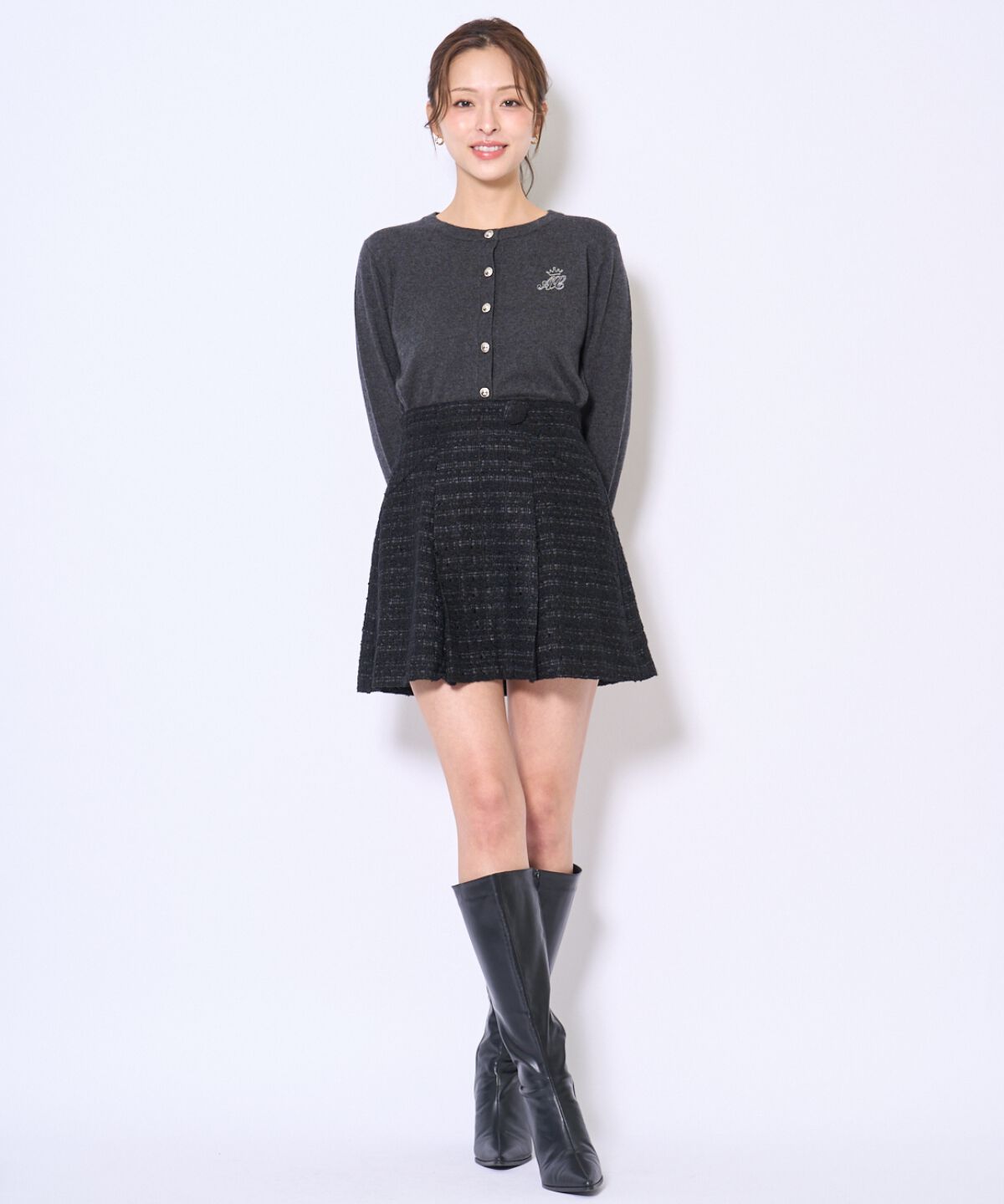 アンドクチュール「日本製ツイードミニスカート」|フレア|黒系チェック