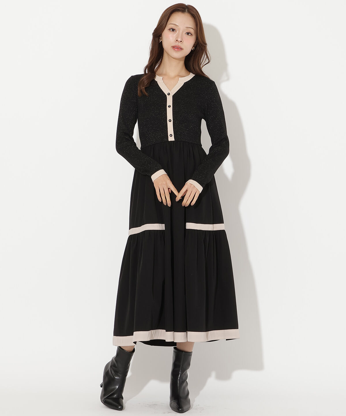 アンドクチュール「ラメ入り配色ドッキングワンピース」|ワンピース|