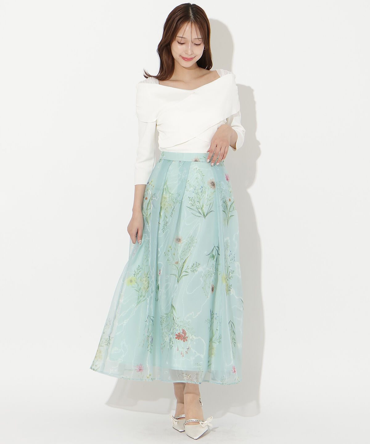 アンドクチュール「フラワーオーガンジーフレアスカート」|フレア|ミント