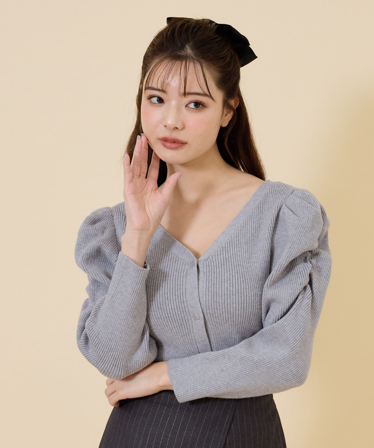REDYAZEL「ボリュームショルダーリブカーディガン」|カーディガン|グレー