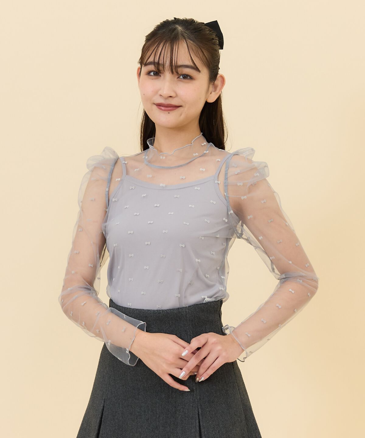 REDYAZEL「リボンフロッキーチュールブラウス」|シャツ・ブラウス|gray/Jacquard