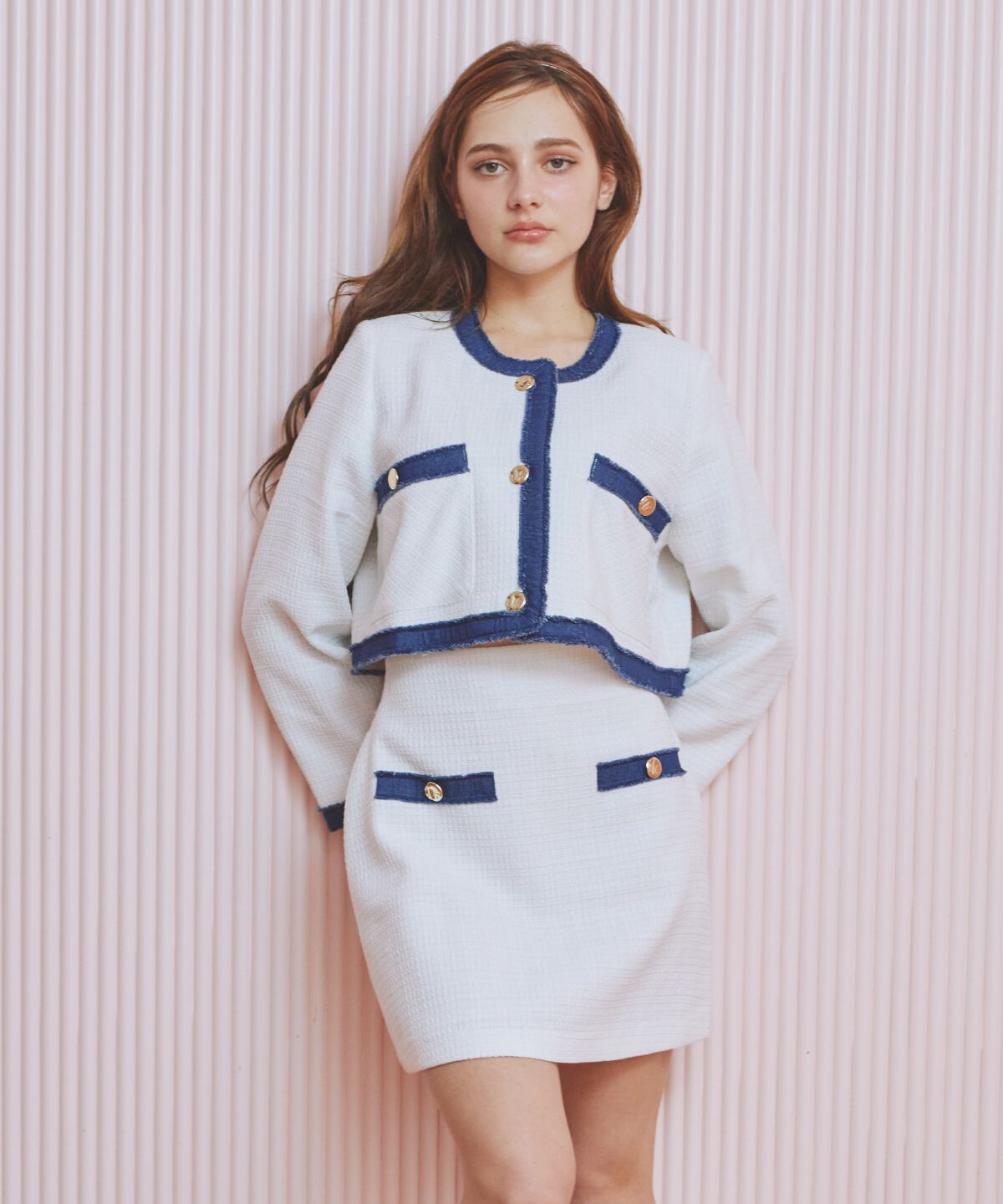 REDYAZEL「ファンシーツイードジャケット」|ノーカラージャケット|ホワイト