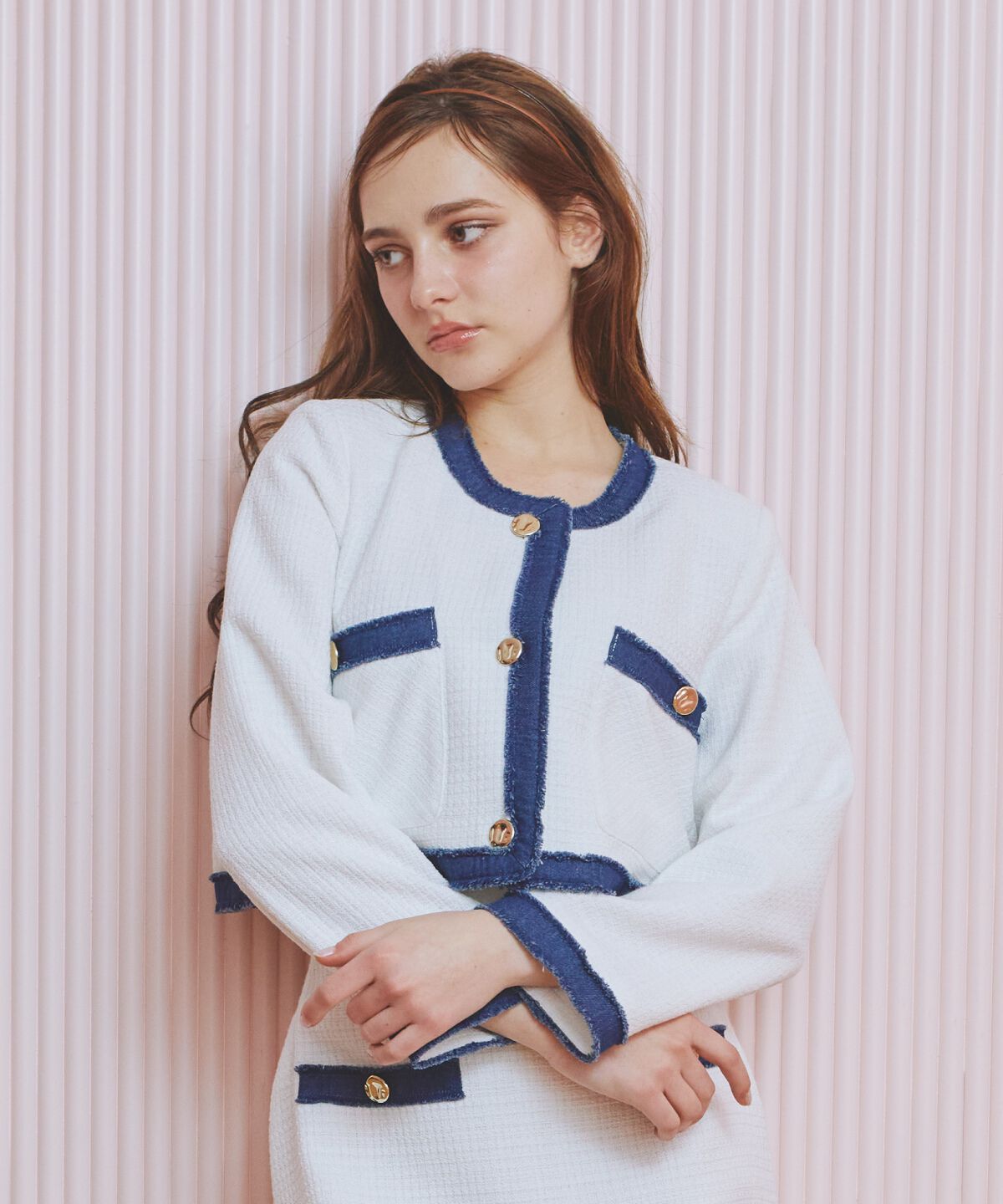 REDYAZEL「ファンシーツイードジャケット」|ノーカラージャケット|