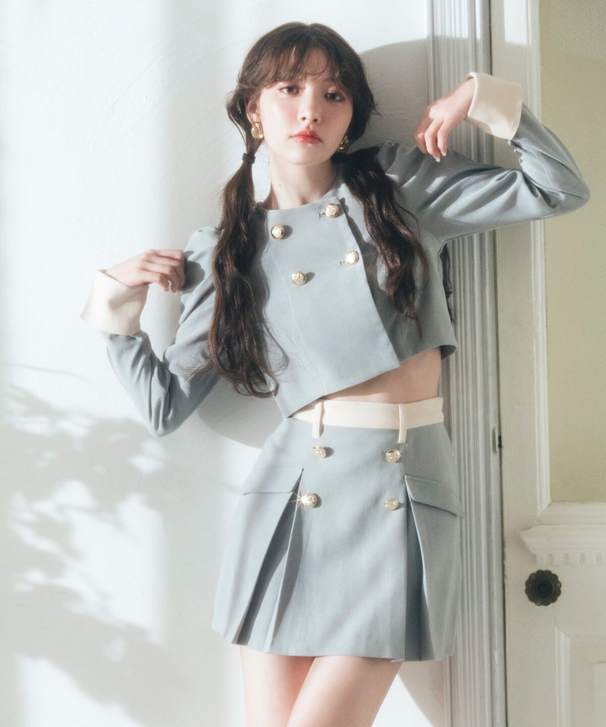 REDYAZEL「ダブルボタンバイカラーミニスカート」|フレア|グレー