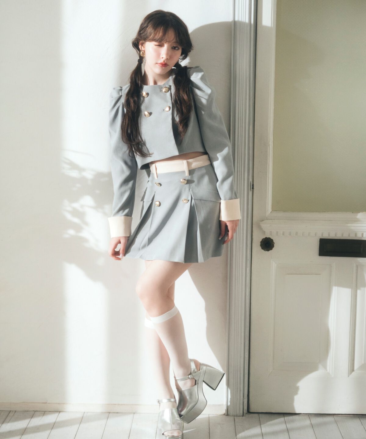 REDYAZEL「ダブルボタンバイカラーミニスカート」|フレア|