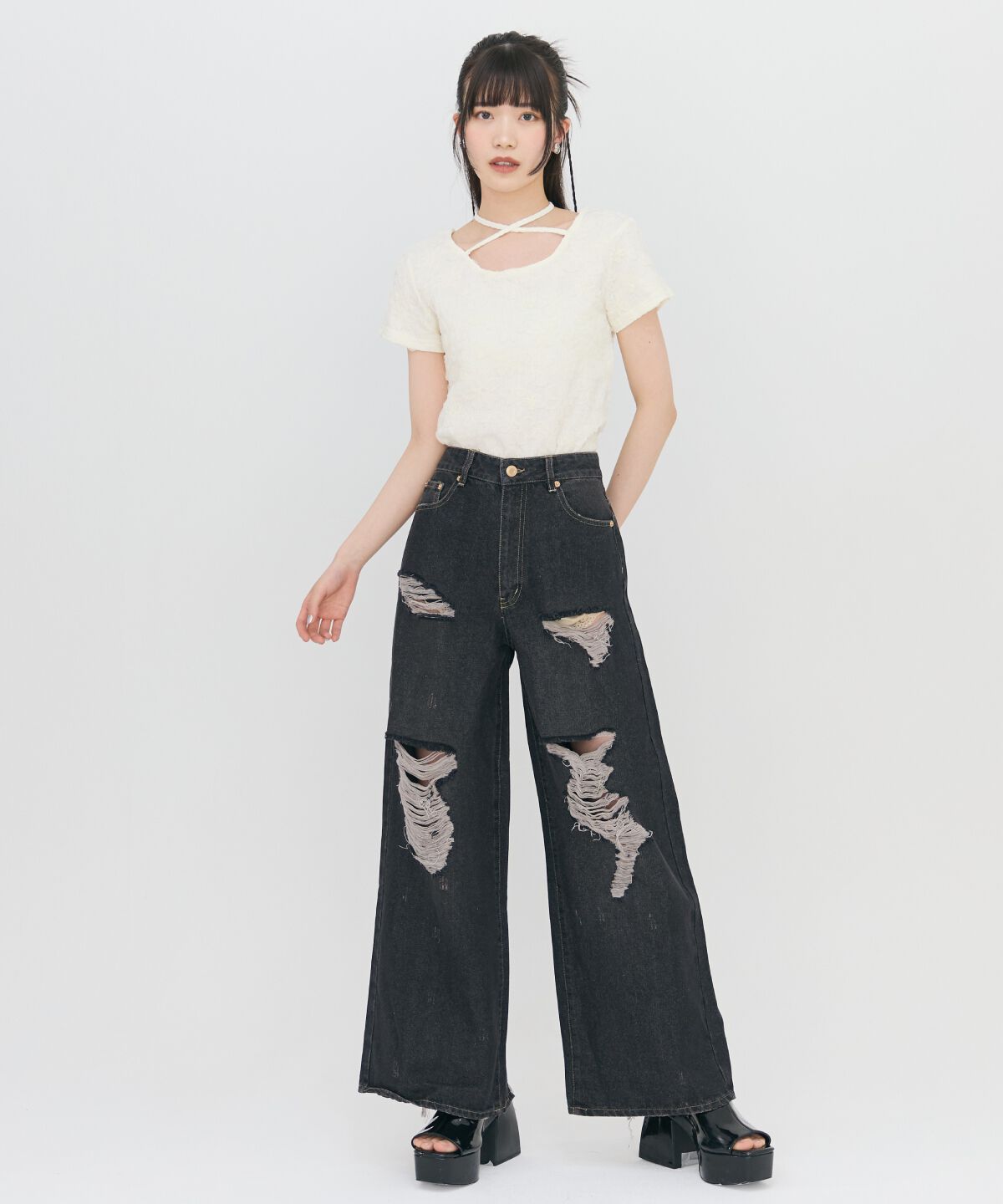 REDYAZEL「ハードダメージデニムパンツ」|デニム|ブラック
