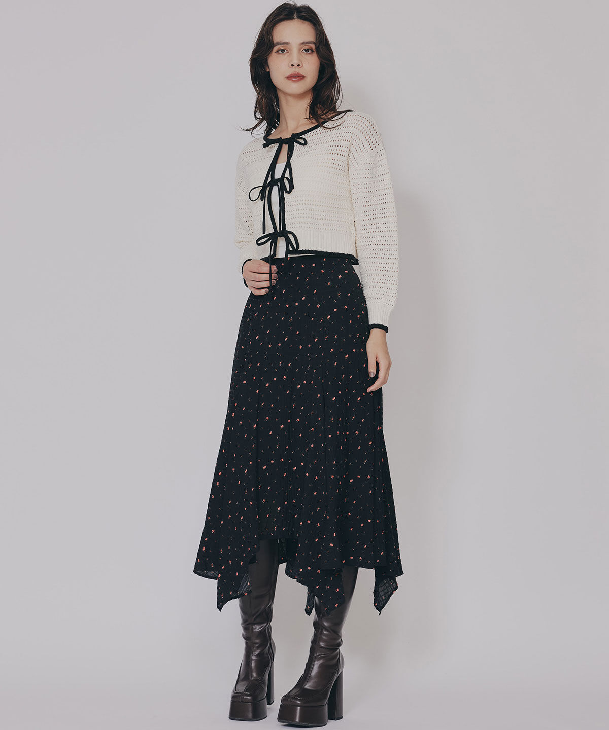 REDYAZEL「ミニフラワーイレヘムロングスカート」|フレア|