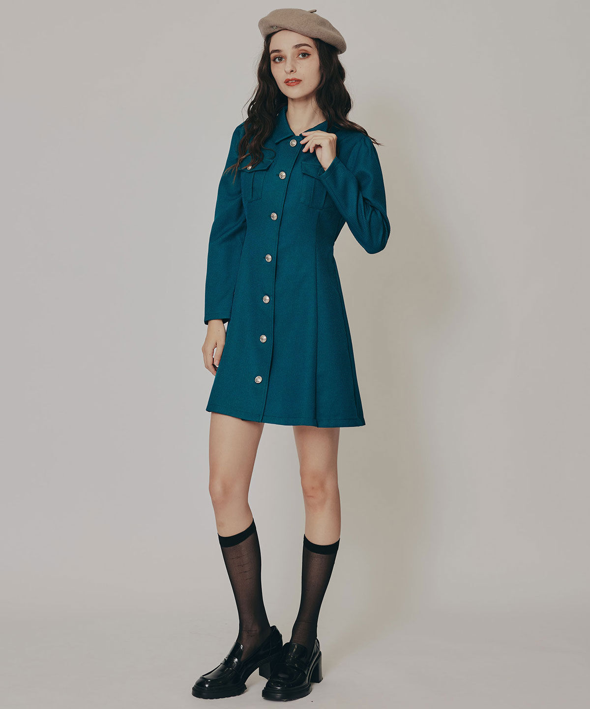 REDYAZEL「エンブレムボタンマイクロワッフルシャツワンピース」|ワンピース|