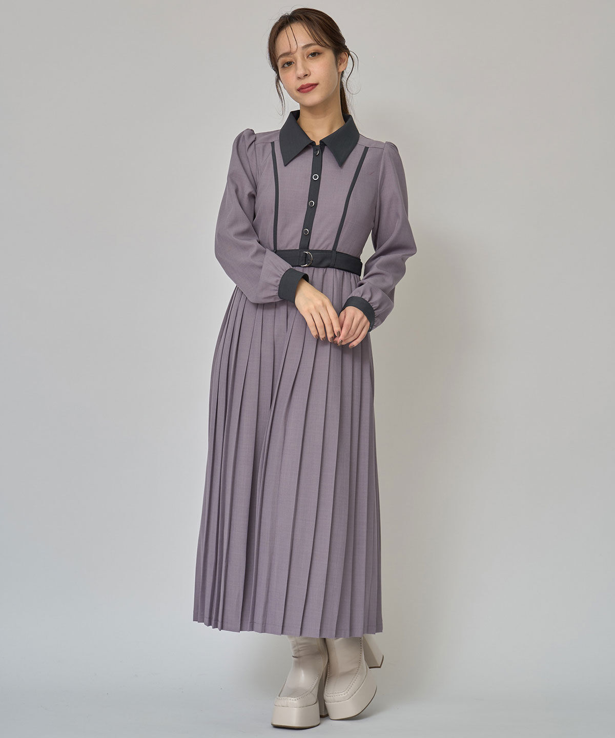 REDYAZEL「クラシカルバイカラーラインリボンタイプリーツロングワンピース」|ワンピース|