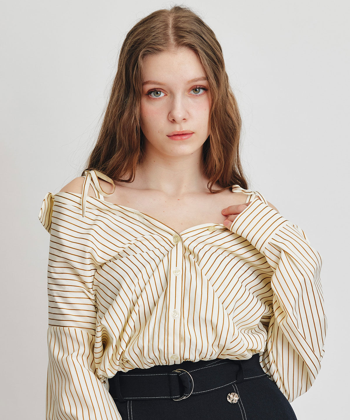 REDYAZEL「ベアレイヤードストライプバルーンオフショルブラウス」|シャツ・ブラウス|beige/borderｽﾄﾗｲﾌﾟ