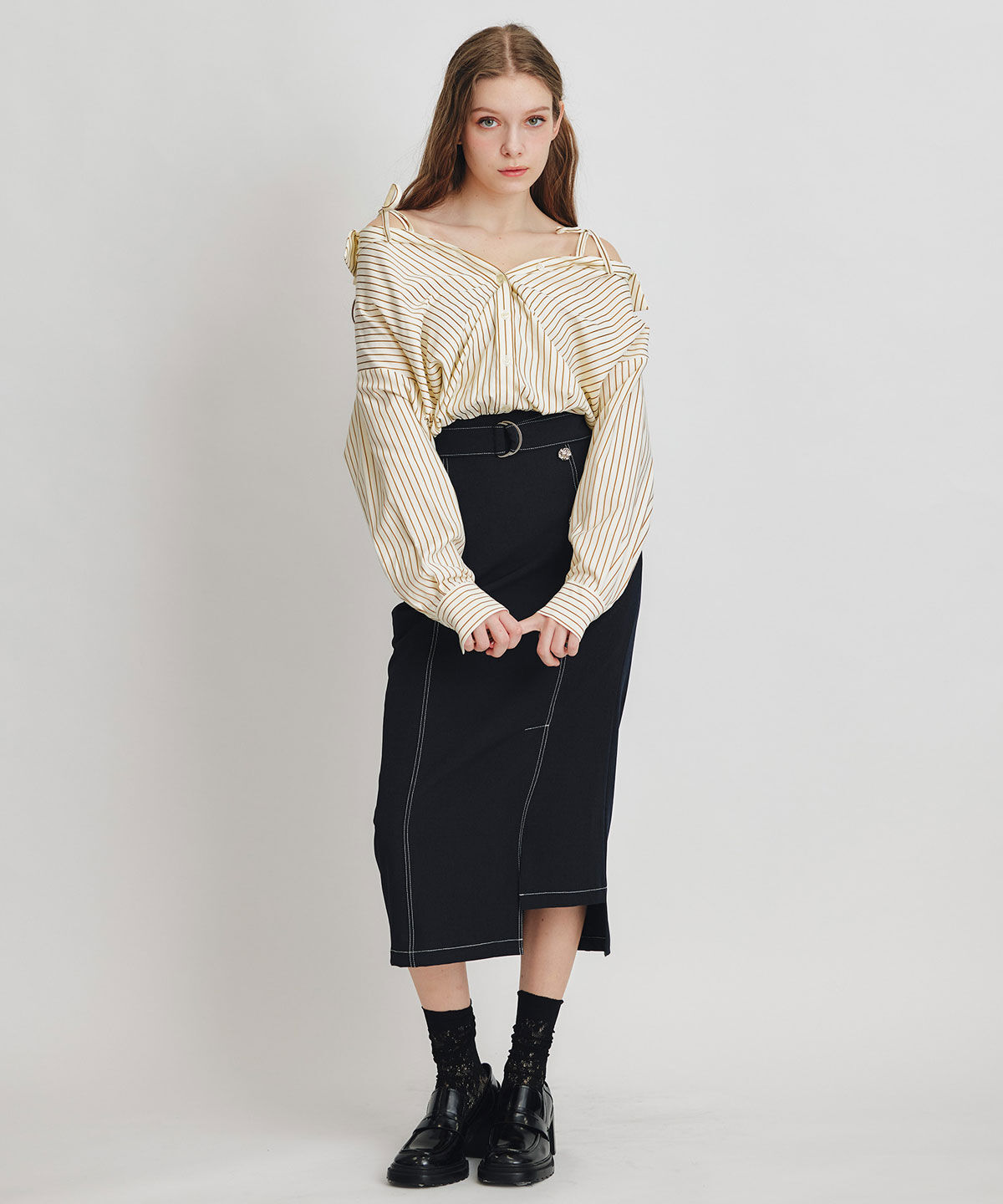 REDYAZEL「ベアレイヤードストライプバルーンオフショルブラウス」|シャツ・ブラウス|