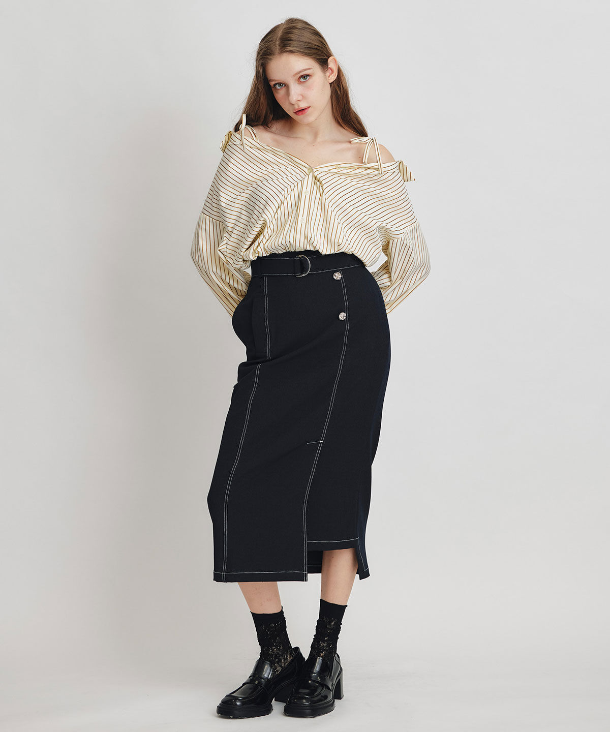 REDYAZEL「ベアレイヤードストライプバルーンオフショルブラウス」|シャツ・ブラウス|