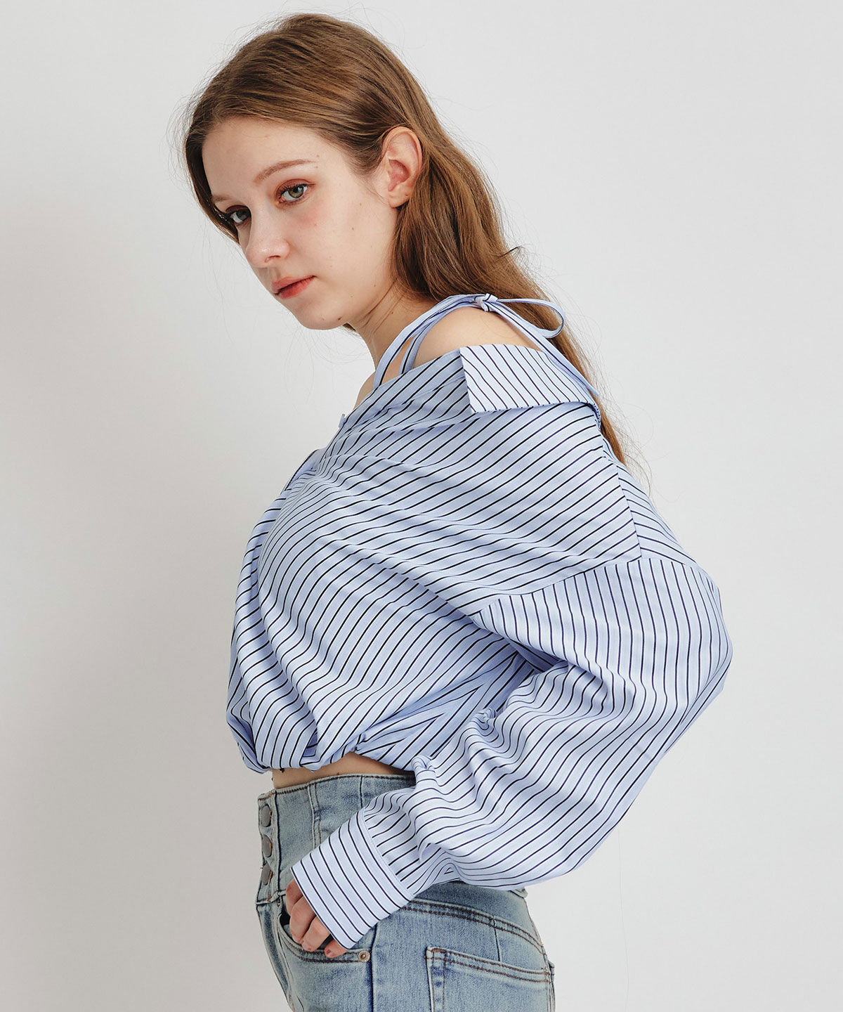 REDYAZEL「ベアレイヤードストライプバルーンオフショルブラウス」|シャツ・ブラウス|