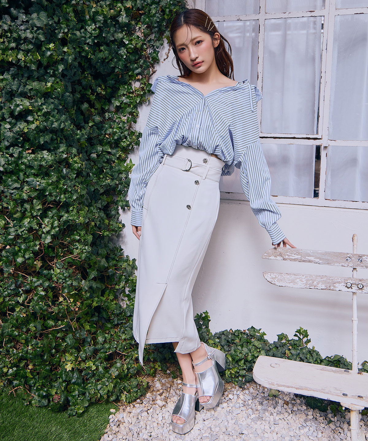 REDYAZEL「ベアレイヤードストライプバルーンオフショルブラウス」|シャツ・ブラウス|