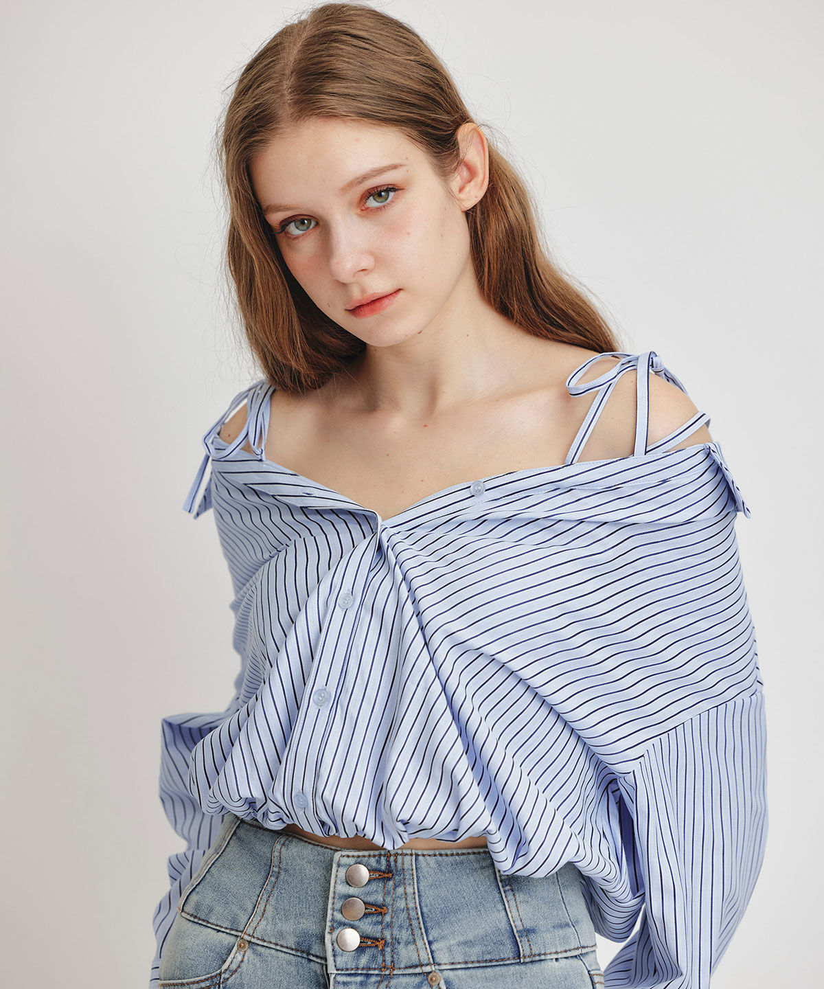 REDYAZEL「ベアレイヤードストライプバルーンオフショルブラウス」|シャツ・ブラウス|