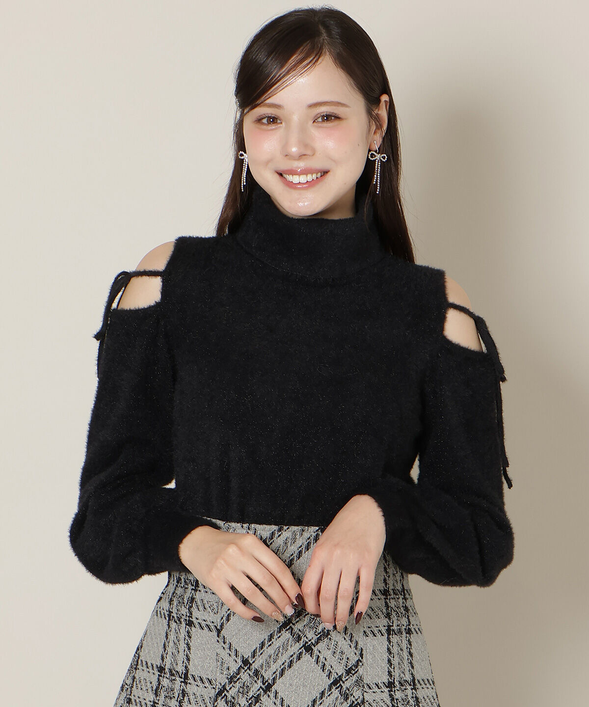 WILLSELECTION「オープンショルダーラメフェザーニット」|ニット・セーター|ブラック