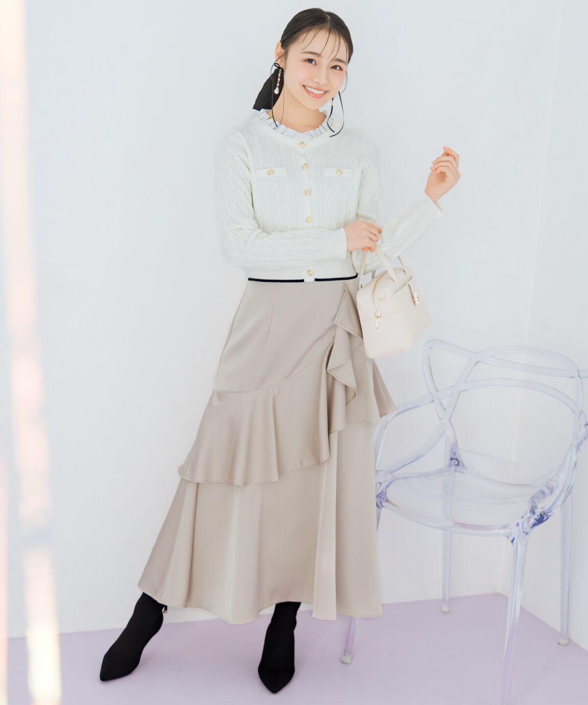 WILLSELECTION「アシメラッフルサテンスカート」|フレア|ベージュ