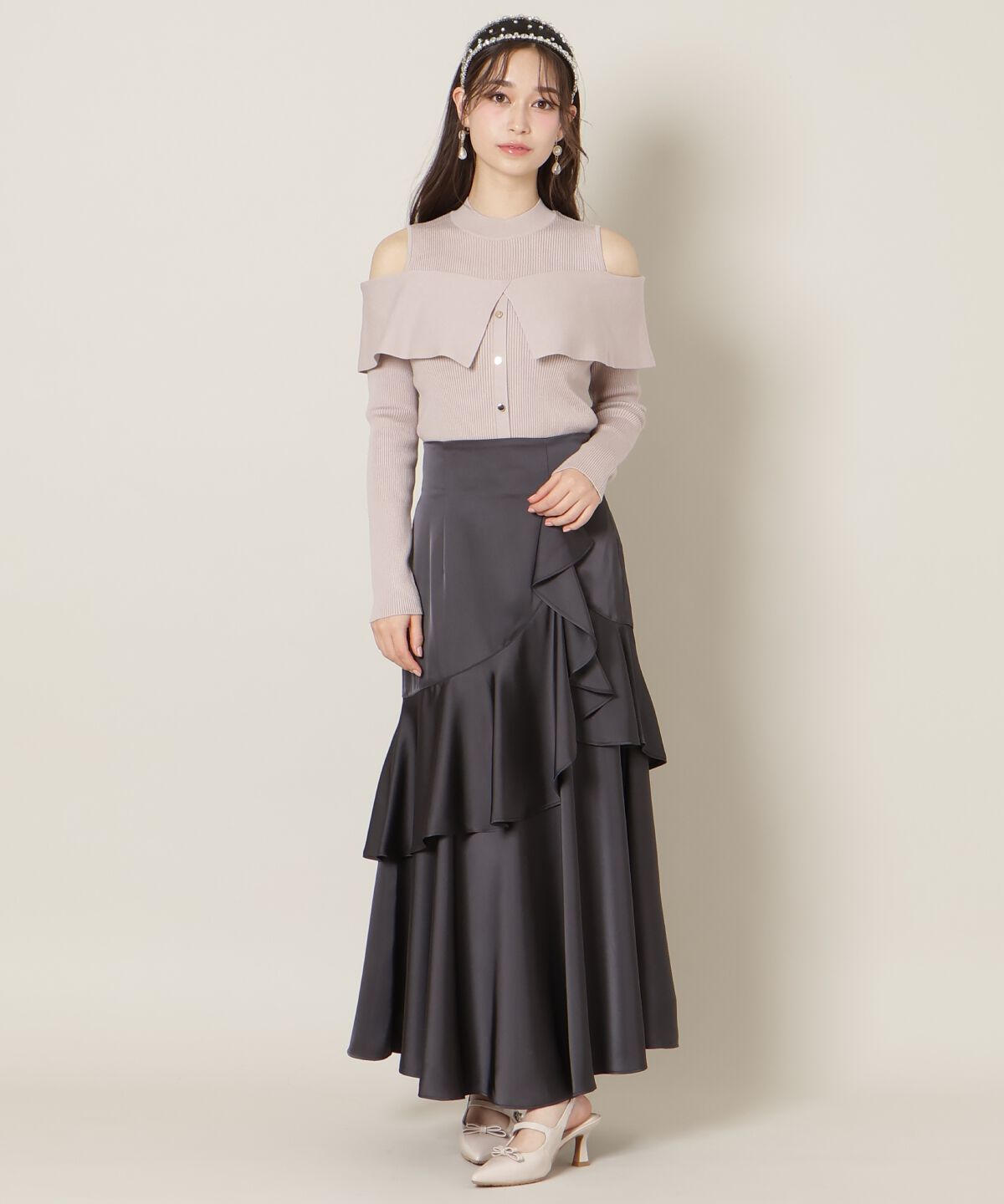 WILLSELECTION「アシメラッフルサテンスカート」|フレア|ﾁｬｺｰﾙｸﾞﾚｰ