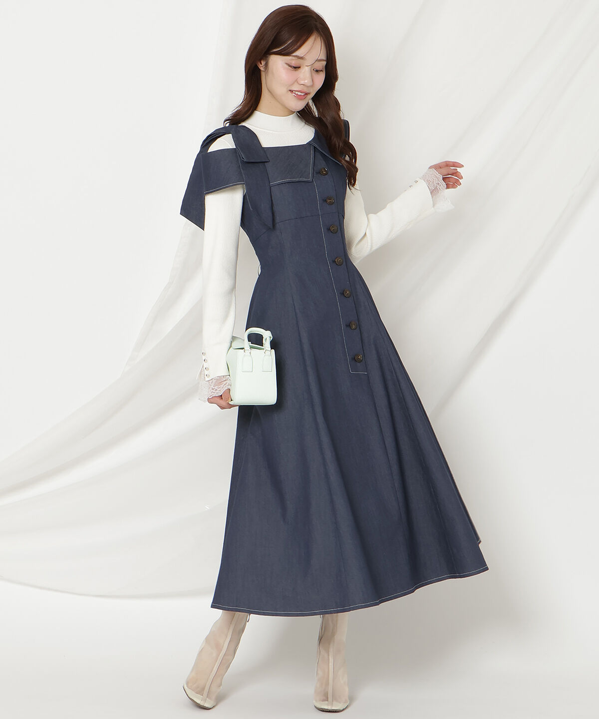 WILLSELECTION「アシンメトリーリボンショルダーワンピース」|ジャンパースカート|