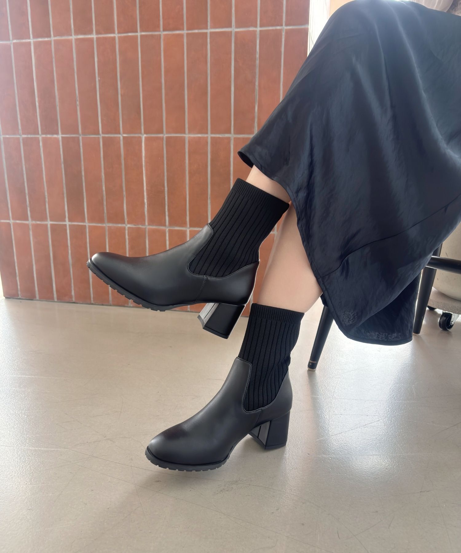 ORiental TRaffic「【 美脚 】スクエアトゥ ニット ヒール ブーツ /31403  足首柔らか ヒール6cm」|ショートブーツ|