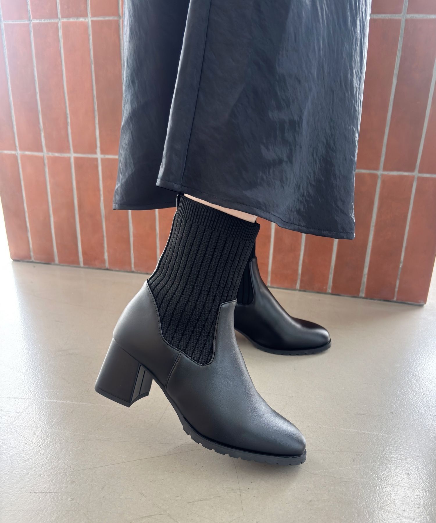 ORiental TRaffic「【 美脚 】スクエアトゥ ニット ヒール ブーツ /31403  足首柔らか ヒール6cm」|ショートブーツ|