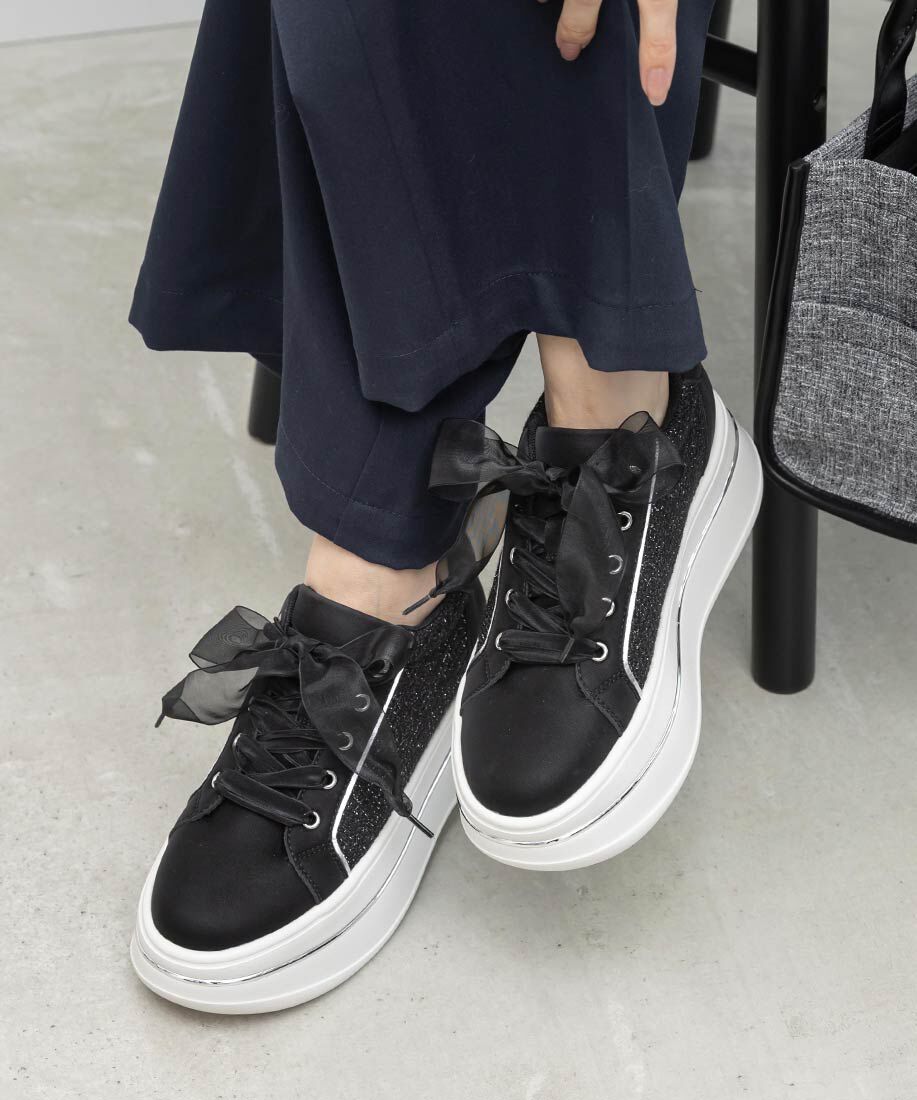  「2WAY シアーリボンプラットフォームスニーカー」|スニーカー|ブラック