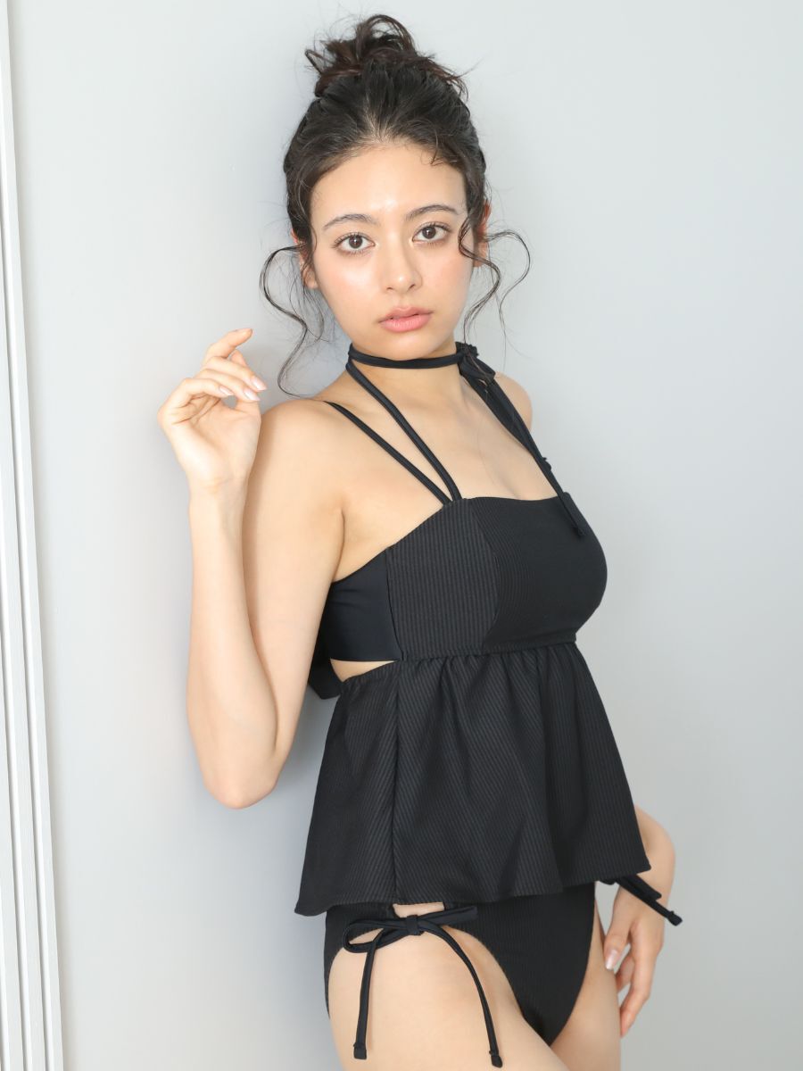 PEAK&PINE「無地チョーカー風リボンベアトップビキニ/ベアキニ」|ビキニ|ブラック