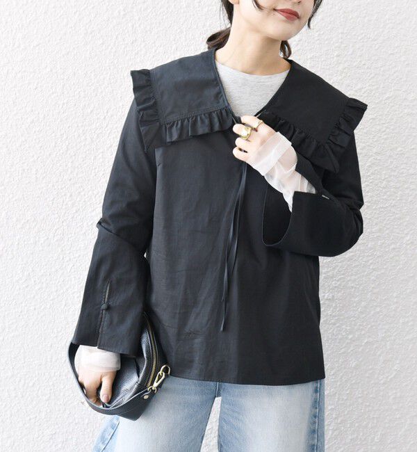 SHIPS any「SHIPS any:〈洗濯機可能〉コットン サテン フリル カラー ブラウス」|シャツ・ブラウス|