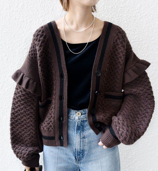 SHIPS for women「【WEB限定】袖 フリル チルデン ケーブル ライン カーディガン」|カーディガン|