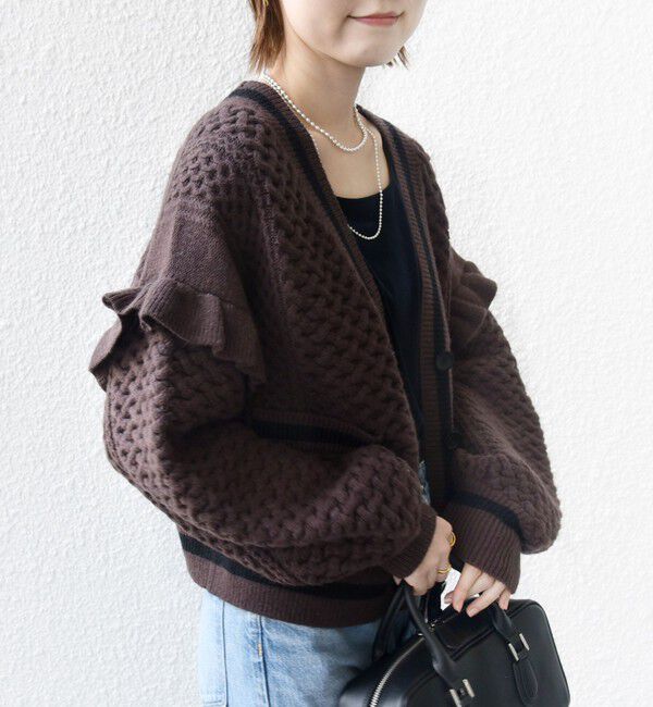 SHIPS for women「【WEB限定】袖 フリル チルデン ケーブル ライン カーディガン」|カーディガン|
