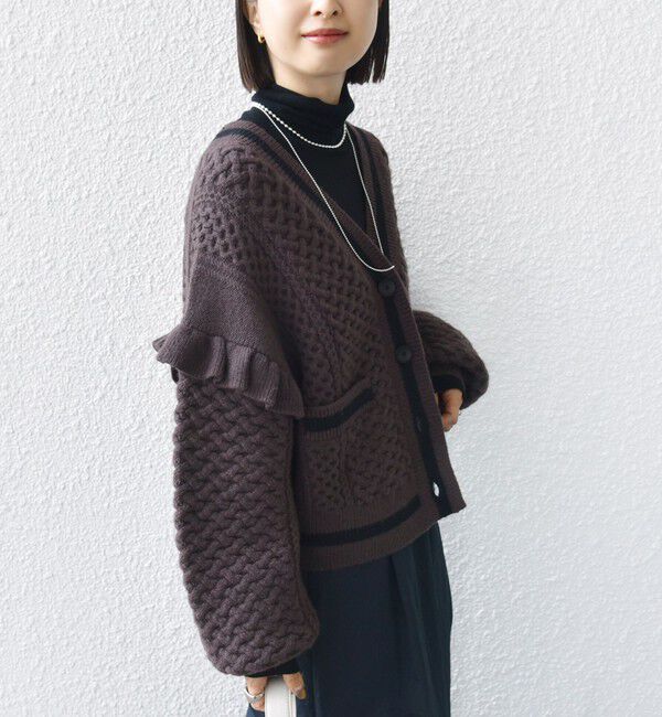 SHIPS for women「【WEB限定】袖 フリル チルデン ケーブル ライン カーディガン」|カーディガン|