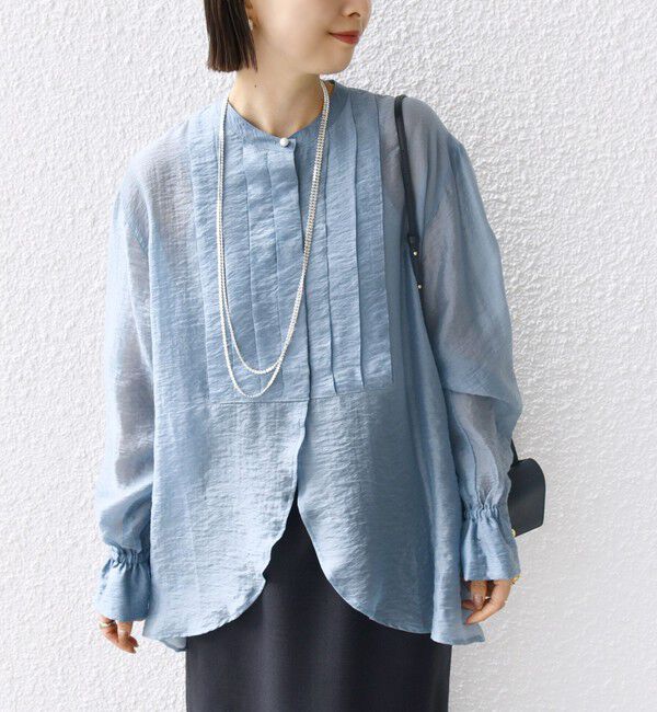 SHIPS for women「【WEB限定】〈洗濯機可能〉シアー プリーツ ヨーク パールモチーフボタン ブラウス」|シャツ・ブラウス|ライトブルー