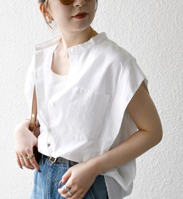 SHIPS any「SHIPS any:〈洗濯機可能〉リネン コットン バンドカラー フレンチスリーブ ポケット シャツ」|シャツ・ブラウス|