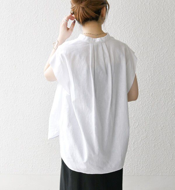 SHIPS any「SHIPS any:〈洗濯機可能〉リネン コットン バンドカラー フレンチスリーブ ポケット シャツ」|シャツ・ブラウス|