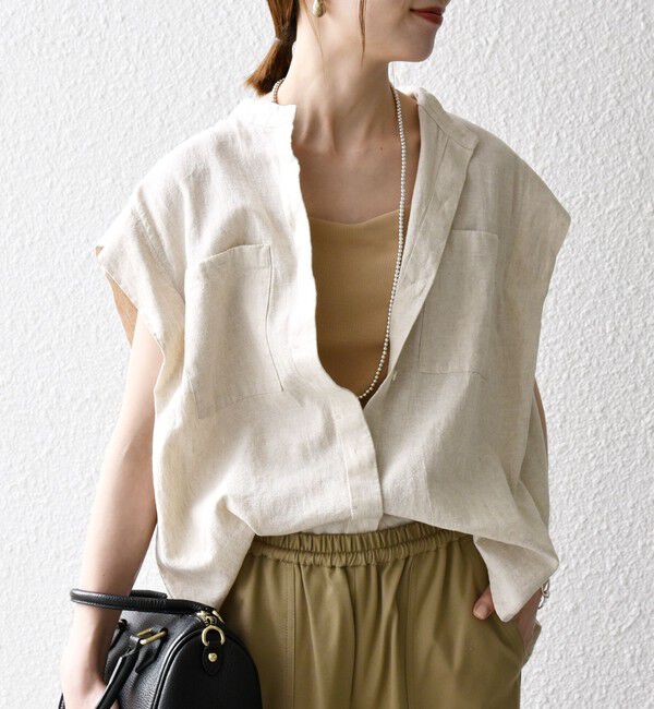 SHIPS any「SHIPS any:〈洗濯機可能〉リネン コットン バンドカラー フレンチスリーブ ポケット シャツ」|シャツ・ブラウス|