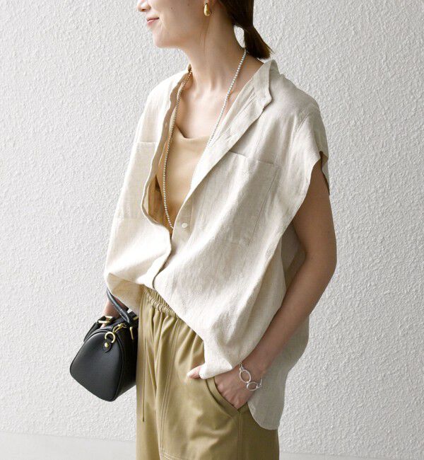 SHIPS any「SHIPS any:〈洗濯機可能〉リネン コットン バンドカラー フレンチスリーブ ポケット シャツ」|シャツ・ブラウス|